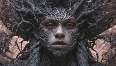 1girl,solo,looking at viewer,black hair,brown eyes,closed mouth,teeth,lips,portrait,close-up,monster,realistic,fantasy,tree