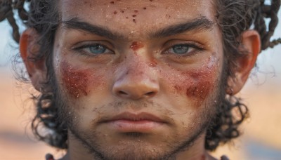 solo,looking at viewer,short hair,blue eyes,black hair,1boy,jewelry,closed mouth,male focus,earrings,blurry,lips,blood,facial hair,thick eyebrows,portrait,beard,close-up,curly hair,blood on face,realistic,brown hair,blurry background,nose,dirty