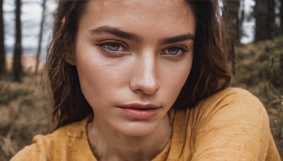 1girl,solo,long hair,looking at viewer,brown hair,shirt,brown eyes,closed mouth,upper body,outdoors,day,blurry,tree,lips,grey eyes,eyelashes,depth of field,blurry background,portrait,nature,close-up,forehead,freckles,realistic,nose,black hair,sweater,forest,yellow sweater