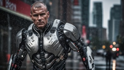 solo,looking at viewer,1boy,closed mouth,upper body,white hair,grey hair,male focus,outdoors,armor,blurry,blurry background,scar,building,science fiction,rain,city,realistic,bald,mechanical arms,old,cyborg,old man,cyberpunk,dark skin,dark-skinned male,robot,ground vehicle,motor vehicle,power armor