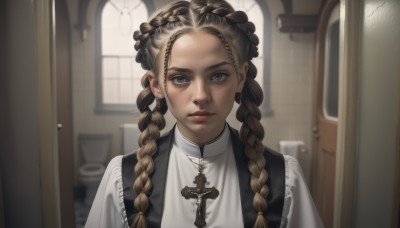 1girl,solo,long hair,looking at viewer,blue eyes,blonde hair,brown hair,shirt,jewelry,closed mouth,white shirt,upper body,braid,indoors,blurry,vest,twin braids,lips,grey eyes,blurry background,cross,portrait,forehead,freckles,realistic,door,straight-on,multiple braids,bangs,dress,multicolored hair,depth of field,nose