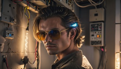 solo,short hair,brown hair,black hair,1boy,male focus,glasses,indoors,blurry,facial hair,sunglasses,portrait,beard,science fiction,realistic,round eyewear,mustache,stubble,cable,cyborg,cyberpunk,wire,aviator sunglasses,looking at viewer,blue eyes,closed mouth,lips,depth of field,blurry background,nose