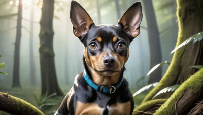 HQ,solo,looking at viewer,brown eyes,closed mouth,outdoors,day,blurry,collar,tree,no humans,animal,sunlight,plant,nature,forest,dog,realistic,animal focus,animal collar,depth of field,blurry background,leaf,scenery