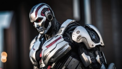 solo,red eyes,1boy,upper body,male focus,armor,blurry,blurry background,helmet,robot,science fiction,realistic,android,cyborg,power armor,humanoid robot,fake screenshot,alien