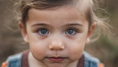 1girl,solo,looking at viewer,short hair,blue eyes,blonde hair,brown hair,brown eyes,closed mouth,blurry,lips,eyelashes,floating hair,depth of field,blurry background,wind,child,portrait,close-up,realistic,nose,shirt,1boy,male focus,freckles,striped shirt