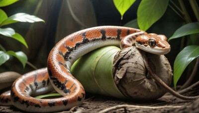 HQ,solo,outdoors,lying,day,blurry,no humans,animal,leaf,on side,sunlight,plant,nature,snake,realistic,animal focus,oversized animal,depth of field,blurry background,sleeping,plate,forest,frog,scales