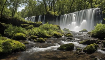 outdoors,sky,day,cloud,water,tree,no humans,nature,scenery,forest,rock,river,waterfall,landscape,stream,sunlight,bush,moss