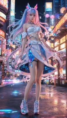 1girl,solo,long hair,breasts,looking at viewer,bangs,skirt,gloves,navel,bare shoulders,jewelry,medium breasts,blue hair,standing,full body,pink hair,multicolored hair,hairband,earrings,outdoors,shoes,midriff,two-tone hair,lips,legs,petals,thigh strap,night,fake animal ears,bug,building,butterfly,sneakers,city,road,street,animal ears,pink eyes,necklace