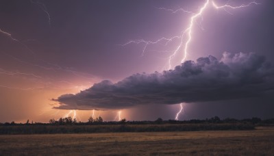 outdoors,sky,cloud,tree,no humans,cloudy sky,grass,nature,scenery,forest,sunset,mountain,electricity,field,lightning,landscape