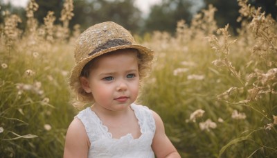 1girl,solo,short hair,blue eyes,blonde hair,brown hair,hat,dress,closed mouth,upper body,flower,outdoors,sleeveless,white dress,blurry,lips,sleeveless dress,blurry background,child,sun hat,realistic,straw hat,female child,parted lips,portrait