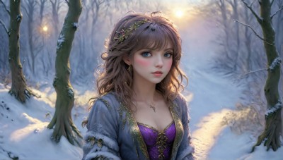 HQ,1girl,solo,long hair,breasts,looking at viewer,blush,bangs,blue eyes,brown hair,hair ornament,dress,cleavage,jewelry,medium breasts,collarbone,upper body,hairband,earrings,outdoors,parted lips,open clothes,teeth,day,signature,necklace,blurry,tree,lips,fur trim,eyelashes,wavy hair,sunlight,tiara,nature,purple dress,snow,pendant,forest,snowing,realistic,nose,winter,bare tree,pine tree,solo focus,coat,makeup,plant,pink lips,branch,winter clothes,vines,blue coat