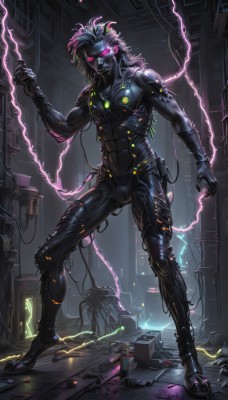 solo,long hair,looking at viewer,1boy,standing,full body,male focus,teeth,pink eyes,bodysuit,muscular,glowing,colored skin,glowing eyes,science fiction,black bodysuit,electricity,cable,cyborg,wire,tube,red eyes,weapon,signature,lightning,cyberpunk