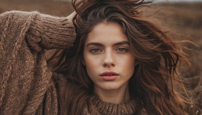 1girl,solo,long hair,looking at viewer,blue eyes,brown hair,parted lips,teeth,blurry,sweater,lips,portrait,freckles,realistic,nose,brown theme,grey eyes,eyelashes,floating hair,blurry background,wind,messy hair,sepia