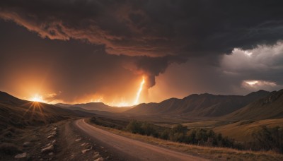 outdoors,sky,cloud,tree,no humans,sunlight,cloudy sky,grass,fire,nature,scenery,forest,sunset,mountain,sun,road,landscape,mountainous horizon,path,hill,horizon,field,river