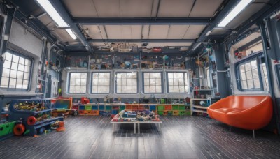 indoors,no humans,window,chair,sunlight,bottle,ground vehicle,box,scenery,reflection,wooden floor,door,chinese text,clock,tiles,shelf,ceiling,ceiling light,refrigerator,reflective floor,seat,day,table,kitchen,sink