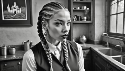 1girl,solo,long hair,looking at viewer,shirt,twintails,jewelry,monochrome,upper body,braid,greyscale,earrings,collared shirt,indoors,dark skin,vest,twin braids,dark-skinned female,lips,window,lipstick,hair over shoulder,realistic,nose,nose piercing,multiple braids,piercing,kitchen,sink,faucet