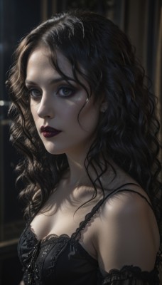 1girl,solo,long hair,breasts,looking at viewer,brown hair,black hair,dress,cleavage,bare shoulders,jewelry,upper body,earrings,small breasts,parted lips,blurry,black eyes,black dress,lips,eyelashes,makeup,blurry background,wavy hair,lipstick,messy hair,curly hair,realistic,nose,red lips,blue eyes,brown eyes,medium breasts,collarbone,detached sleeves,sunlight,lace trim,lace,mascara