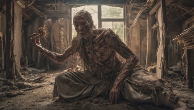 solo,1boy,holding,sitting,monochrome,male focus,indoors,hand up,blurry,window,beard,1other,monster,ruins,extra arms,statue,long hair,closed mouth,white hair,grey hair,blood,facial hair,old,old man