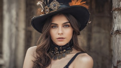 1girl,solo,long hair,looking at viewer,blue eyes,brown hair,hat,bare shoulders,collarbone,parted lips,choker,mole,blurry,lips,grey eyes,black headwear,blurry background,portrait,freckles,realistic,hat feather,pillar,upper body,eyelashes,detached collar,depth of field,nose,hat flower