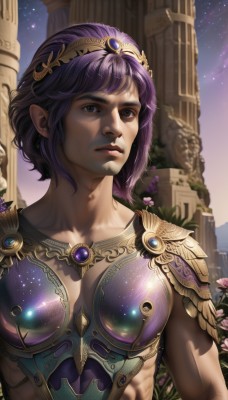 1girl,solo,breasts,short hair,bangs,cleavage,brown eyes,jewelry,medium breasts,closed mouth,collarbone,upper body,purple hair,flower,outdoors,sky,artist name,armor,black eyes,lips,muscular,night,watermark,abs,tiara,shoulder armor,gem,star (sky),web address,starry sky,pauldrons,realistic,nose,bikini armor,pillar,looking at viewer,1boy,male focus,pectorals,night sky,topless male,manly,constellation