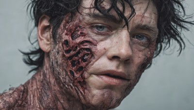 solo,looking at viewer,short hair,simple background,black hair,1boy,brown eyes,closed mouth,male focus,parted lips,grey background,black eyes,lips,grey eyes,scar,messy hair,portrait,realistic,blood,close-up,veins