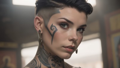 1girl,solo,looking at viewer,short hair,black hair,jewelry,earrings,parted lips,indoors,blurry,black eyes,lips,grey eyes,tattoo,makeup,blurry background,portrait,freckles,realistic,nose,very short hair,undercut,neck tattoo,brown eyes,teeth,eyelashes,facial mark,piercing,ear piercing,close-up,facial tattoo