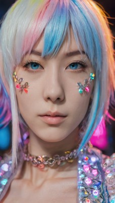 1girl,solo,looking at viewer,short hair,bangs,blue eyes,jewelry,closed mouth,blue hair,collarbone,pink hair,white hair,multicolored hair,choker,necklace,mole,two-tone hair,lips,eyelashes,makeup,facial mark,gem,portrait,close-up,pink lips,realistic,nose,mascara,heart,earrings,blurry,piercing