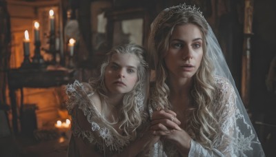 long hair,looking at viewer,blue eyes,multiple girls,blonde hair,dress,2girls,jewelry,upper body,grey hair,parted lips,indoors,white dress,blurry,lips,grey eyes,dutch angle,blurry background,holding hands,siblings,wavy hair,ring,veil,realistic,candle,candlestand,1girl,tiara,crown,child,fine art parody