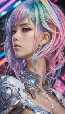 1girl,solo,breasts,short hair,bangs,blonde hair,cleavage,jewelry,medium breasts,closed mouth,blue hair,upper body,pink hair,multicolored hair,earrings,parted lips,choker,necklace,blurry,black eyes,two-tone hair,lips,streaked hair,looking to the side,grey eyes,eyelashes,makeup,blurry background,looking away,portrait,eyeshadow,science fiction,realistic,nose,cyberpunk,blue eyes,large breasts,purple hair,artist name,signature,armor,from side,gradient hair,lipstick,red lips,eyeliner,cyborg,mascara