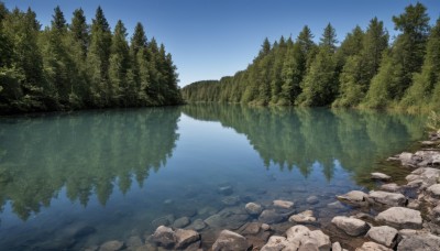 outdoors,sky,day,water,tree,blue sky,no humans,sunlight,nature,scenery,lens flare,forest,reflection,rock,river,landscape,lake,reflective water