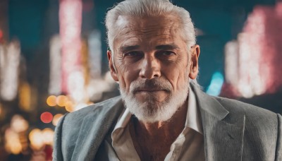 solo,looking at viewer,shirt,1boy,closed mouth,jacket,white shirt,upper body,white hair,male focus,collared shirt,blurry,black eyes,night,depth of field,blurry background,facial hair,formal,suit,portrait,beard,realistic,grey jacket,mustache,manly,old,old man,wrinkled skin,grey hair,signature,vest,lips,scar,bokeh