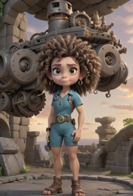 1girl,solo,looking at viewer,smile,brown hair,shirt,brown eyes,jewelry,closed mouth,standing,full body,short sleeves,earrings,boots,outdoors,sky,shorts,belt,artist name,cloud,signature,dark skin,dark-skinned female,tree,lips,toes,brown footwear,sandals,thick eyebrows,cloudy sky,grass,blue shirt,robot,messy hair,child,zipper,curly hair,pocket,sunset,pouch,big hair,belt pouch,afro,long hair,shoes,overalls,toeless footwear,wrench