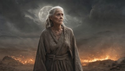 1girl,solo,long hair,long sleeves,1boy,closed mouth,standing,white hair,grey hair,male focus,outdoors,japanese clothes,sky,cloud,kimono,night,facial hair,scar,moon,cloudy sky,fire,looking up,beard,full moon,realistic,arms at sides,old,old man,grey sky,old woman,upper body,hair bun,lips,grey eyes,single hair bun,scar on face,robe,scar across eye,looking afar,embers,burning,wrinkled skin