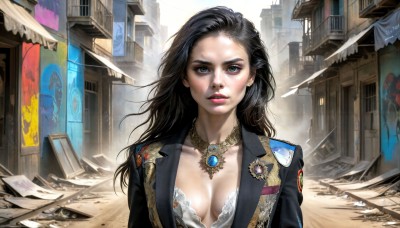 HQ,1girl,solo,long hair,breasts,looking at viewer,blue eyes,large breasts,black hair,cleavage,jewelry,medium breasts,underwear,green eyes,collarbone,jacket,upper body,outdoors,day,necklace,bra,uniform,lips,military,military uniform,makeup,building,gem,pendant,white bra,city,realistic,nose,badge,earrings,parted lips,lace,dirty