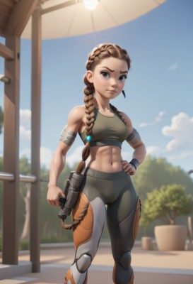 1girl,solo,long hair,breasts,looking at viewer,brown hair,navel,holding,bare shoulders,brown eyes,jewelry,medium breasts,very long hair,standing,weapon,braid,earrings,small breasts,outdoors,sky,day,midriff,pants,cloud,holding weapon,blurry,tree,blue sky,lips,hand on hip,gun,single braid,muscular,abs,plant,holding gun,hair over shoulder,forehead,handgun,toned,braided ponytail,sports bra,nose,muscular female,potted plant,long braid,obliques,yoga pants,artist name,crop top,sun,flower pot