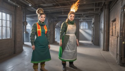 looking at viewer,smile,multiple girls,brown hair,shirt,long sleeves,dress,2girls,brown eyes,standing,ponytail,boots,day,indoors,hair bun,scarf,apron,plaid,window,siblings,brown footwear,single hair bun,fire,green shirt,door,plaid shirt,green scarf,green apron,long hair,blonde hair,hair ornament,lips,green dress,realistic