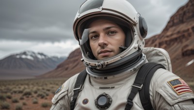 solo,looking at viewer,brown hair,1boy,brown eyes,upper body,male focus,outdoors,parted lips,sky,cloud,blurry,blurry background,backpack,helmet,science fiction,mountain,realistic,spacesuit,astronaut,1girl,day,lips,depth of field,portrait,american flag,grey sky,japanese flag,space helmet,united states