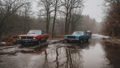 outdoors,tree,no humans,fire,ground vehicle,nature,scenery,motor vehicle,snow,forest,reflection,car,road,vehicle focus,bare tree,sports car,sky,cloud,water,realistic,puddle