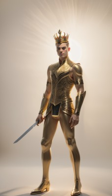 solo,looking at viewer,simple background,1boy,holding,jewelry,standing,full body,weapon,male focus,earrings,boots,sword,holding weapon,armor,lips,holding sword,crown,breastplate,realistic,vambraces,bracer,gold armor,short hair,blue eyes,blonde hair,black hair,closed mouth,pants,black eyes,facial hair,eyepatch,knife,shoulder armor,holding knife,very short hair