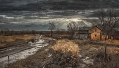 outdoors,sky,cloud,water,tree,no humans,sunlight,cloudy sky,grass,building,nature,scenery,snow,forest,light rays,mountain,road,sunbeam,ruins,house,bare tree,landscape,window,field,path