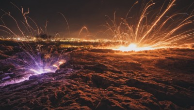 outdoors,sky,water,tree,no humans,night,ocean,scenery,sunset,rock,horizon,light,fireworks,river,landscape,nature,night sky,reflection,sun,dark,city lights