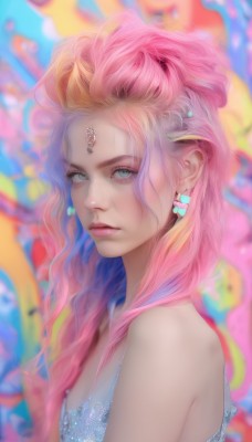 1girl,solo,long hair,breasts,looking at viewer,hair ornament,dress,bare shoulders,jewelry,closed mouth,green eyes,upper body,pink hair,multicolored hair,earrings,blurry,from side,lips,grey eyes,eyelashes,makeup,blurry background,wavy hair,gem,freckles,circlet,realistic,nose,forehead jewel,blue eyes,artist name,necklace,two-tone hair,gradient hair,depth of field,pink lips