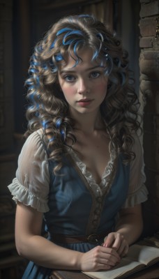 1girl,solo,long hair,breasts,looking at viewer,blush,blue eyes,blonde hair,brown hair,shirt,dress,cleavage,medium breasts,sitting,closed mouth,blue hair,collarbone,upper body,short sleeves,multicolored hair,small breasts,frills,puffy sleeves,belt,indoors,nail polish,mole,blurry,two-tone hair,puffy short sleeves,lips,streaked hair,fingernails,see-through,book,eyelashes,makeup,blue dress,wavy hair,mole under mouth,freckles,curly hair,mole on breast,open book,realistic,nose,wall,brick wall,mascara,mole on cheek,bangs,braid,artist name,blurry background,watermark,own hands together,frilled sleeves