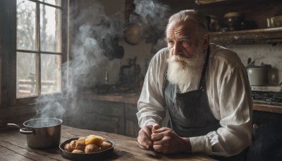 solo,shirt,long sleeves,1boy,closed mouth,white shirt,upper body,white hair,male focus,food,day,indoors,apron,looking to the side,window,facial hair,scar,table,own hands together,steam,beard,scar on face,smoke,wooden floor,realistic,mustache,old,old man,cooking,kitchen,frying pan,wrinkled skin,looking at viewer,sitting,cup,grey eyes,bowl,scar across eye