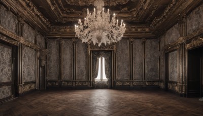 indoors,no humans,scenery,reflection,wooden floor,stairs,door,light,candle,pillar,painting (object),ceiling,hallway,carpet,arch,candlestand,reflective floor,chandelier,column