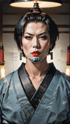 1girl,solo,looking at viewer,short hair,black hair,jewelry,closed mouth,collarbone,upper body,weapon,earrings,japanese clothes,indoors,kimono,hair bun,black eyes,lips,grey eyes,blood,makeup,single hair bun,lipstick,science fiction,realistic,nose,red lips,hair stick,topknot,brown eyes,heart