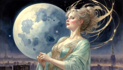 HQ,1girl,solo,long hair,breasts,blush,blonde hair,dress,cleavage,jewelry,medium breasts,upper body,earrings,sky,cloud,wide sleeves,hair bun,lips,makeup,night,floating hair,looking away,moon,own hands together,looking up,lipstick,wind,building,star (sky),night sky,full moon,starry sky,city,realistic,fantasy,red lips,cityscape,looking afar,planet,looking at viewer,hair ornament,brown eyes,collarbone,small breasts,parted lips,updo