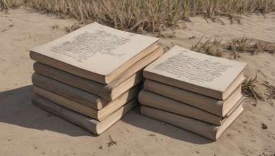 outdoors,day,book,no humans,shadow,grass,bug,plant,scenery,paper,open book,book stack,still life,log