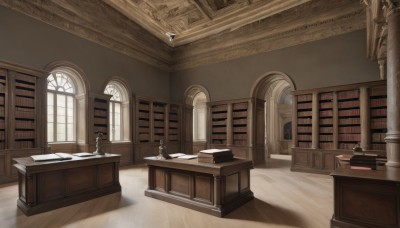 day,indoors,book,no humans,window,chair,table,sunlight,scenery,desk,wooden floor,stairs,bookshelf,lamp,book stack,library,candlestand,paper,architecture