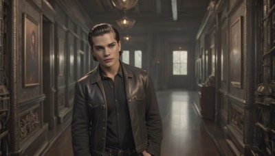 1girl,solo,looking at viewer,short hair,shirt,black hair,long sleeves,brown eyes,jewelry,closed mouth,standing,jacket,earrings,open clothes,collared shirt,belt,pants,indoors,black eyes,open jacket,lips,black jacket,black shirt,window,black belt,hand in pocket,mirror,realistic,hands in pockets,bookshelf,leather,undercut,leather jacket,brown hair,1boy,upper body,male focus,day,dress shirt,makeup,buttons,black pants,denim,buckle,belt buckle,nose,door,red lips,shirt tucked in,stud earrings,very short hair